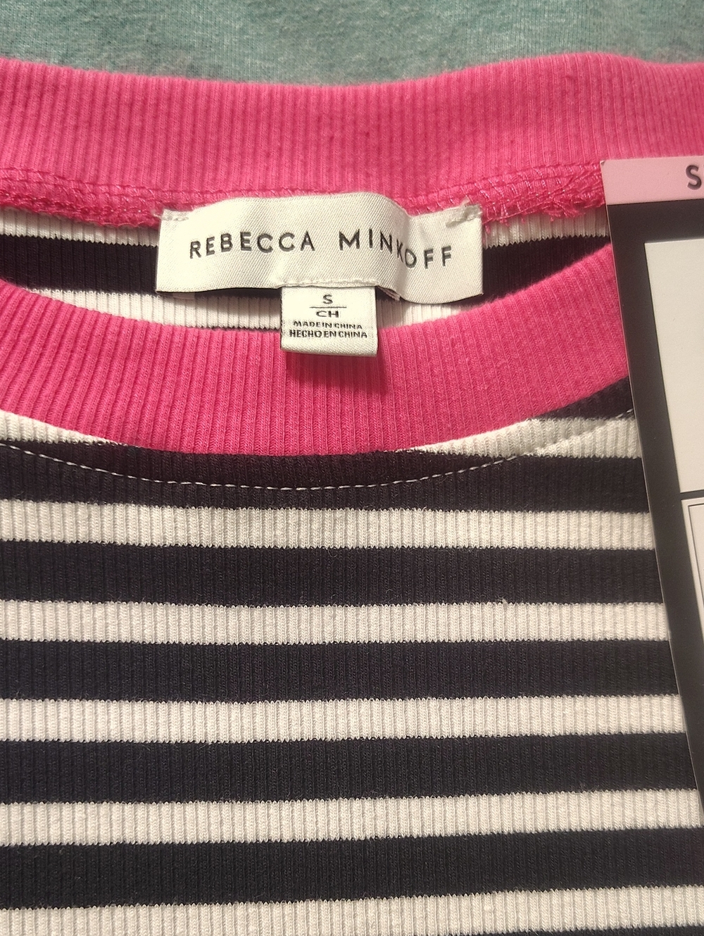 Rebecca Minkoff Black & White Striped Tee with Pink Trim Puffed Sleeves - Picture 3 of 6